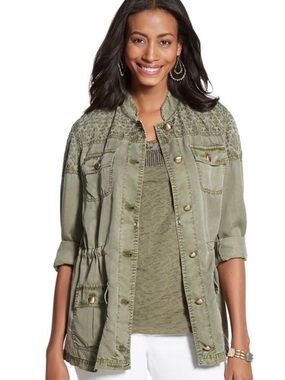 Chico’s green military/utility embroidered jacket/gold buttons/pockets. Sz Med